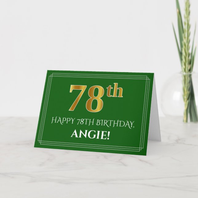 Carte Elégant Faux Gold Look 78e anniversaire, nom (vert (Devant)