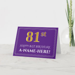 Carte Elégant Faux Gold Look 81e anniversaire, nom; viol
