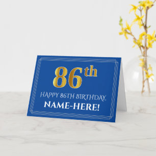 Carte Elégant Faux Gold Look 86e anniversaire, nom (bleu