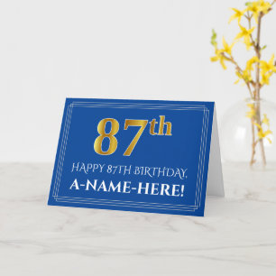 Carte Elégant Faux Gold Look 87e anniversaire, nom (bleu
