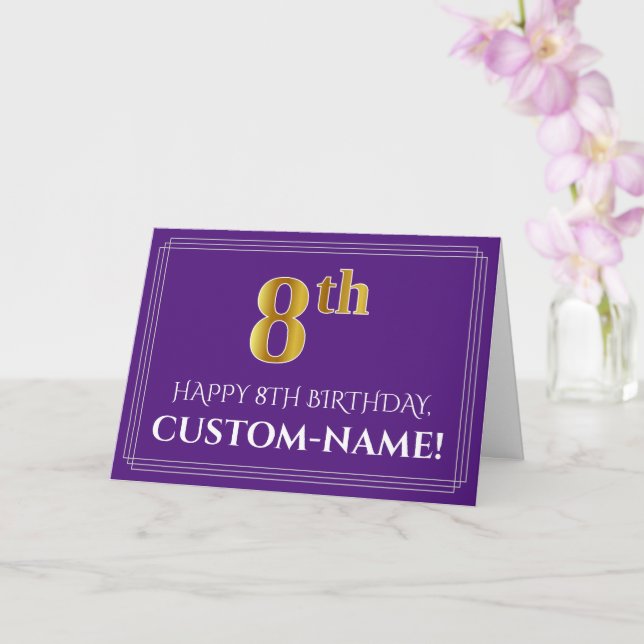 Carte Elégant Faux Gold Look 8e anniversaire, nom; viole (Orchidée)