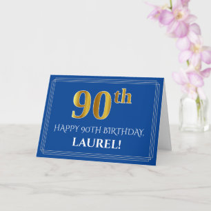 Carte Elégant Faux Gold Look 90e anniversaire, nom (bleu