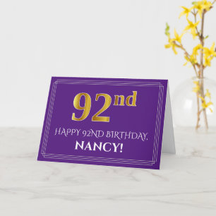 Carte Elégant Faux Gold Look 92e anniversaire, nom; viol