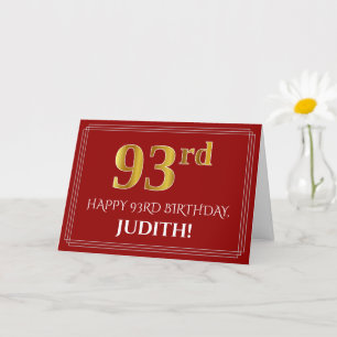 Carte Elégant Faux Gold Look "93ème" Anniversaire, Nom (