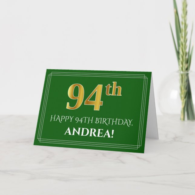 Carte Elégant Faux Gold Look 94e anniversaire, nom (vert (Devant)