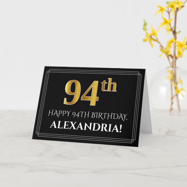 Carte Elégant Faux Gold Look "94ème" Anniversaire + Nom (Fleur jaune)