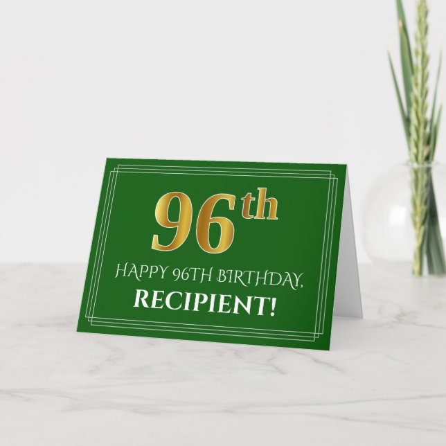 Carte Elégant Faux Gold Look 96e anniversaire, nom (vert (Devant)