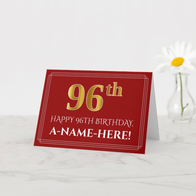 Carte Elégant Faux Gold Look "96ème" Anniversaire, Nom ( (Petite plante)