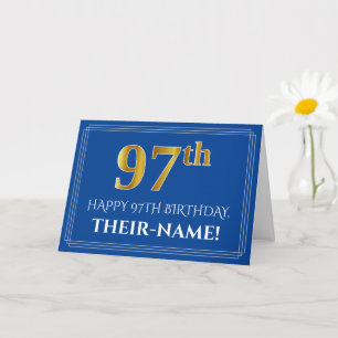 Carte Elégant Faux Gold Look 97e anniversaire, nom (bleu