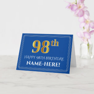 Carte Elégant Faux Gold Look 98e anniversaire, nom (bleu