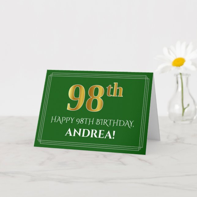 Carte Elégant Faux Gold Look 98e anniversaire, nom (vert (Petite plante)