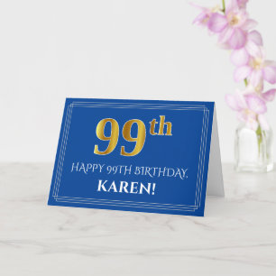 Carte Elégant Faux Gold Look 99e anniversaire, nom (bleu