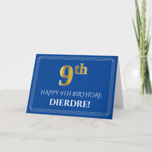 Carte Elégant Faux Gold Look 9e anniversaire, nom (bleu)