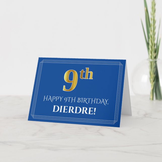 Carte Elégant Faux Gold Look 9e anniversaire, nom (bleu) (Devant)