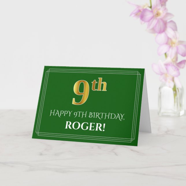 Carte Elégant Faux Gold Look 9e anniversaire, nom (vert) (Orchidée)