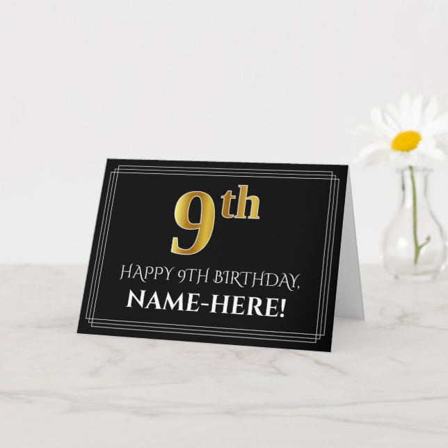 Carte Elégant Faux Gold Look "9ème" Anniversaire + Nom (Petite plante)
