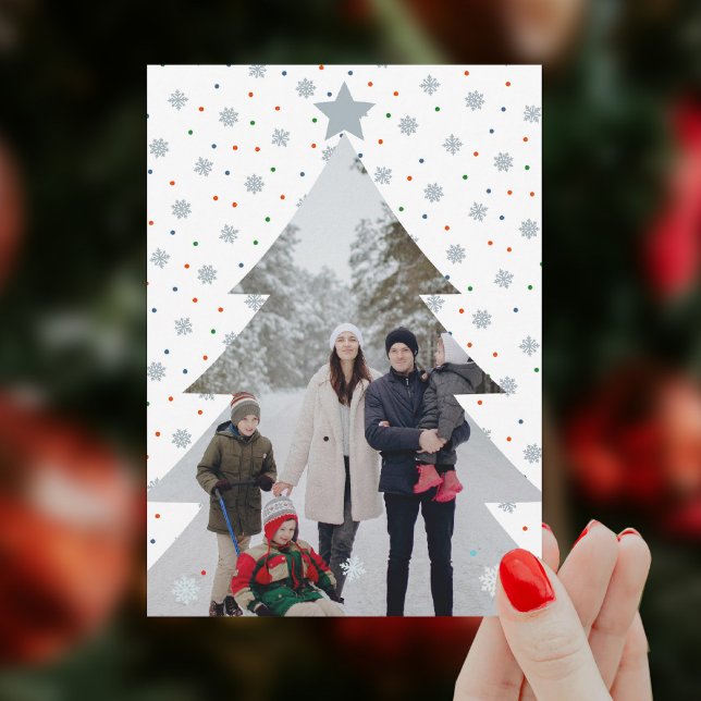 Carte Élégant flocon de neige photo arbre de Noël (Elegant snowflake personalized Christmas photo card with snow and colourful polka dots)