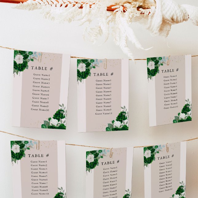 Carte Élégant floral Emerald Green Table Tableau de sièg (Seating Chart Cards from the Royal Rose Emerald Green Quinceanera Collection by Darling & May)