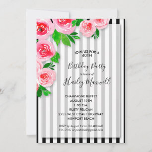 Carte Elégant floral noir rayures blanches fête d'annive