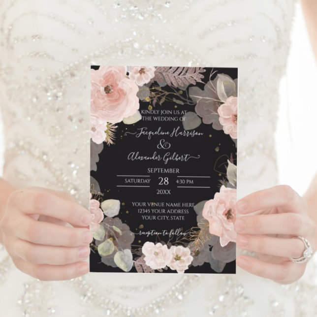 Carte Elégant floral noir Rose or Eucalyptus feuille (Créateur téléchargé)