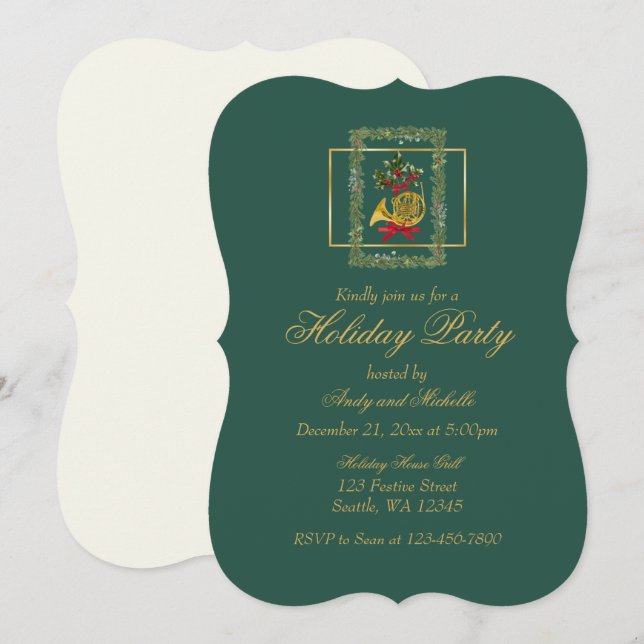 Carte Elegant French Horn Christmas Dark Green Flat Card (Devant / Derrière)