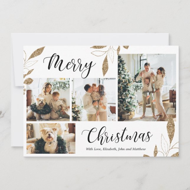 Carte Elégant Gold Botanical 4 Photo Collage Noël (Devant)