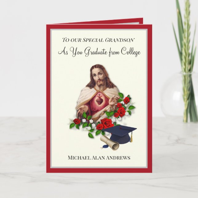 Carte Élégant Grand-fils Graduation Sacred Heart Roses (Devant)