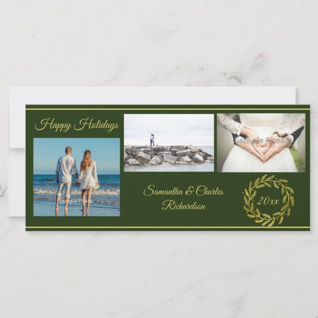 Carte Elegant Green Gold 3 Photo Holiday Card (Devant)