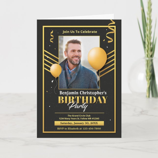 Carte Élégant Jour d'Anniversaire Noir Gold Party Person (Devant)