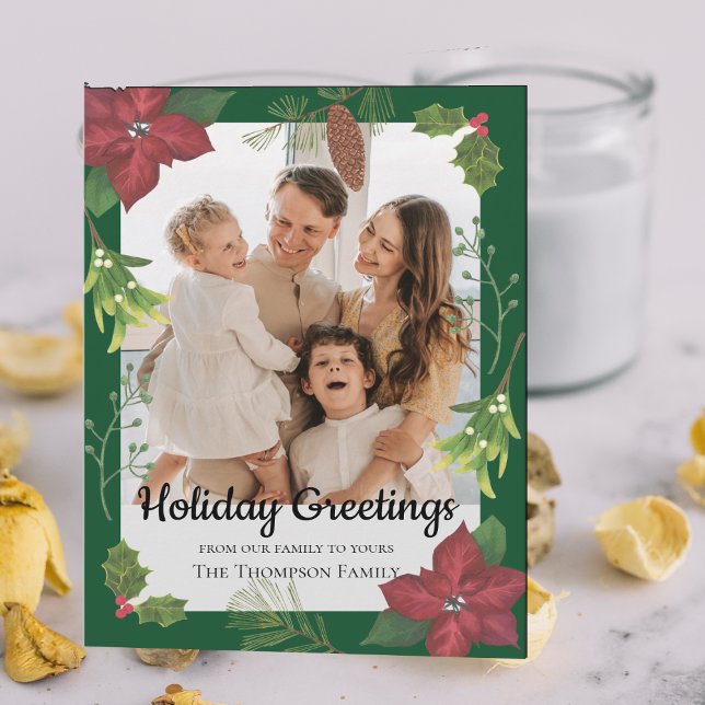 Carte Élégant Joyeux Noël Fleur Rouge Photo de famille (Elegant Merry Christmas Red Flower Family Photo Card)