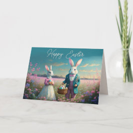 Carte Élégant lapin de Pâques Vintage garçon et fille