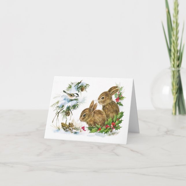 Carte Élégant Lapin Neige Et Oiseaux De Noël (Devant)