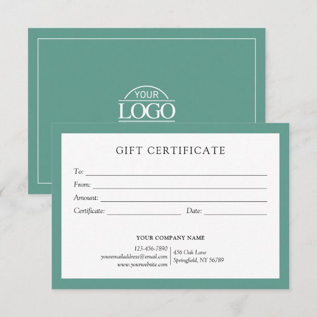 Carte Élégant logo de certificat cadeau d'affaires vert  (Devant / Derrière)