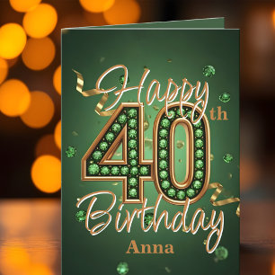 Carte Elégant Luxueux Vert et Or 40e Anniversaire