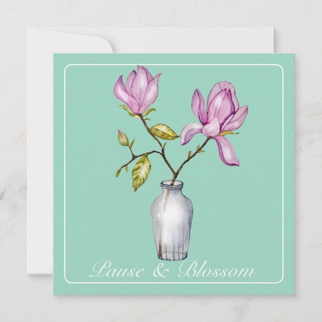 Carte Elégant Magnolia rose Aquarelle dans Vase de verre (Devant)