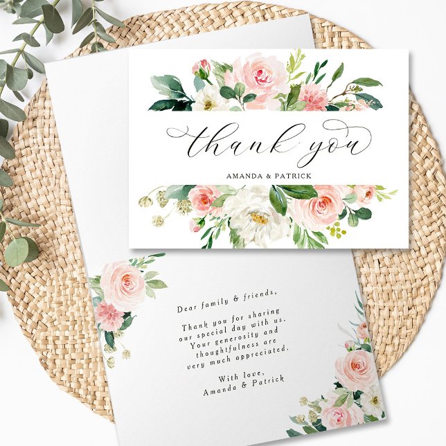 Carte Élégant Mariage à fleurs rose pâle Merci plié (Front & Inside)