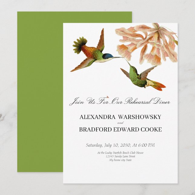 Carte Elégant Mariage Colibri vert rose pâle (Devant / Derrière)