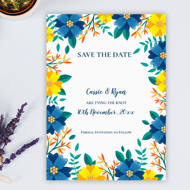 Carte Elégant mariage floral jaune bleu Enregistrer la d (Elegant Blue Yellow Floral Wedding Save the Date)