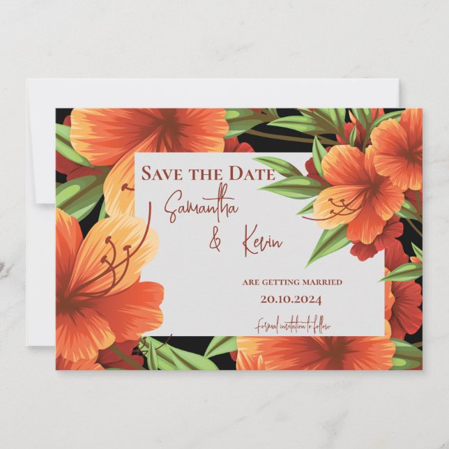 Carte Élégant Mariage Floral Orange Joli Enregistrer La  (Devant)