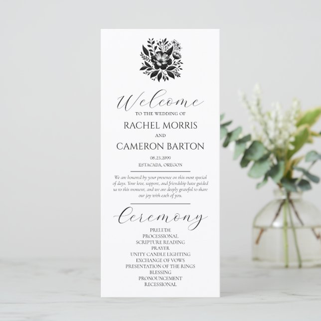 Carte Elégant minimal noir et blanc avec fleurs (Debout devant)