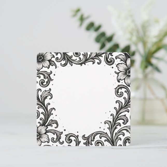 Carte Élégant motif floral à l'encre noire pour bordure (Debout devant)