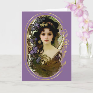 Carte Elégant Mucha Style Portrait d'une belle femme
