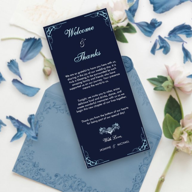 Carte Elegant Navy & Light Blue Script Bienvenue Merci (Créateur téléchargé)