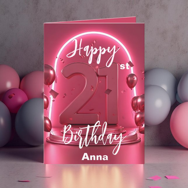 Carte Élégant néon rose brillant Ballons 21e anniversair (Créateur téléchargé)