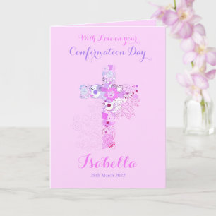 Carte Élégant nom croisé floral de confirmation rose