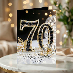 Carte Élégant Onyx Noir Perle Or 70e Anniversaire