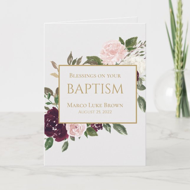 Carte Élégant or Bourgogne rose Bénédiction Christening (Devant)
