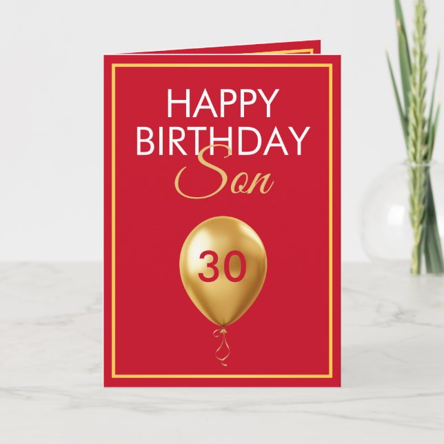 Carte Elégant or et rouge ballon Son 30e anniversaire (Devant)