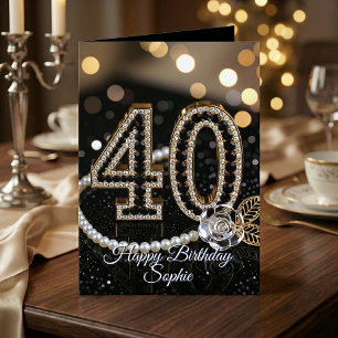 Carte Élégant Or Noir Diamants Perles 40e Anniversaire