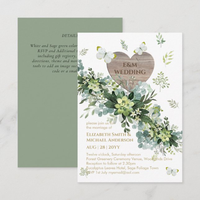 Carte Élégant Papillons de verdure Sage Foliage Mariage (Devant / Derrière)
